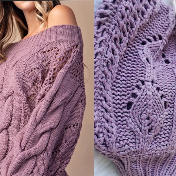 Purple Sweater, Cable Knit Sweater Puff Sleeve - Picture 2 of 8